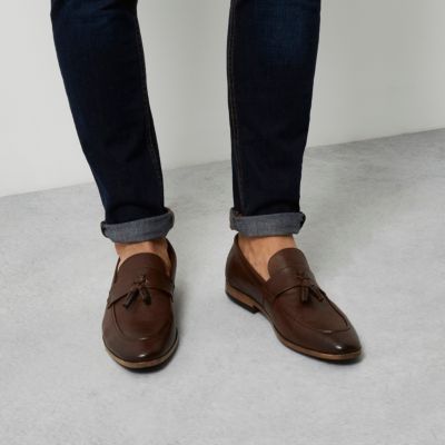 Dark brown faux leather tassel loafers